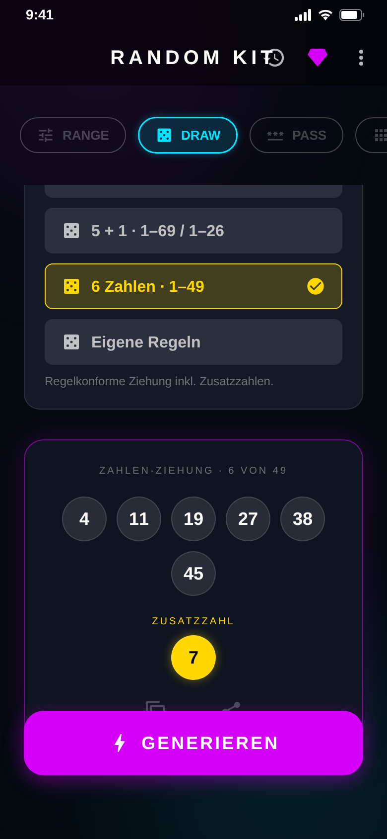 Number draw with six numbers from 49 and a bonus number