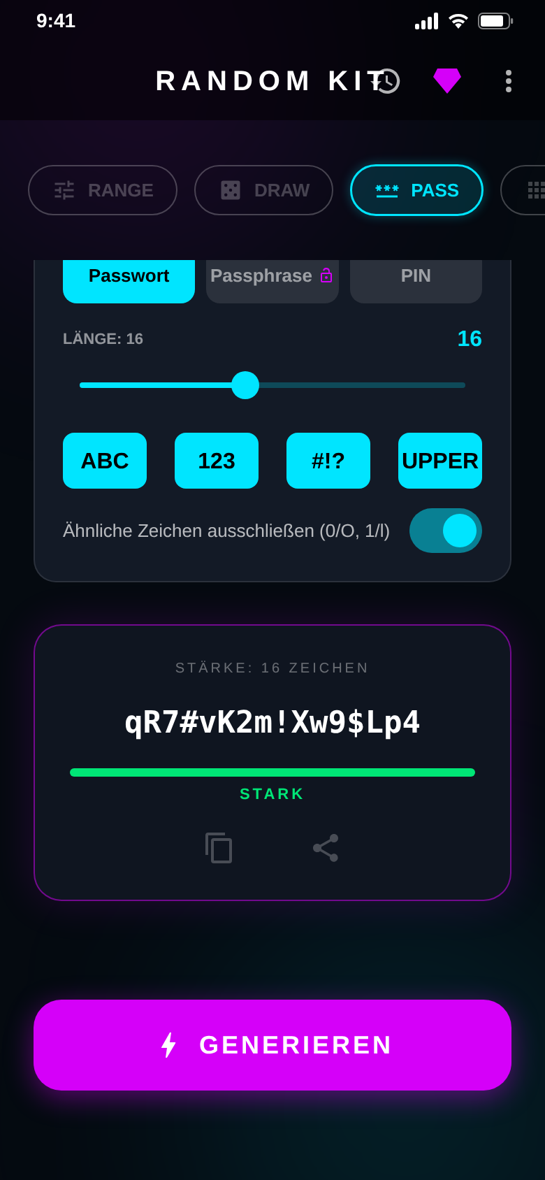 16-character password rated strong, with options for digits, symbols and upper case