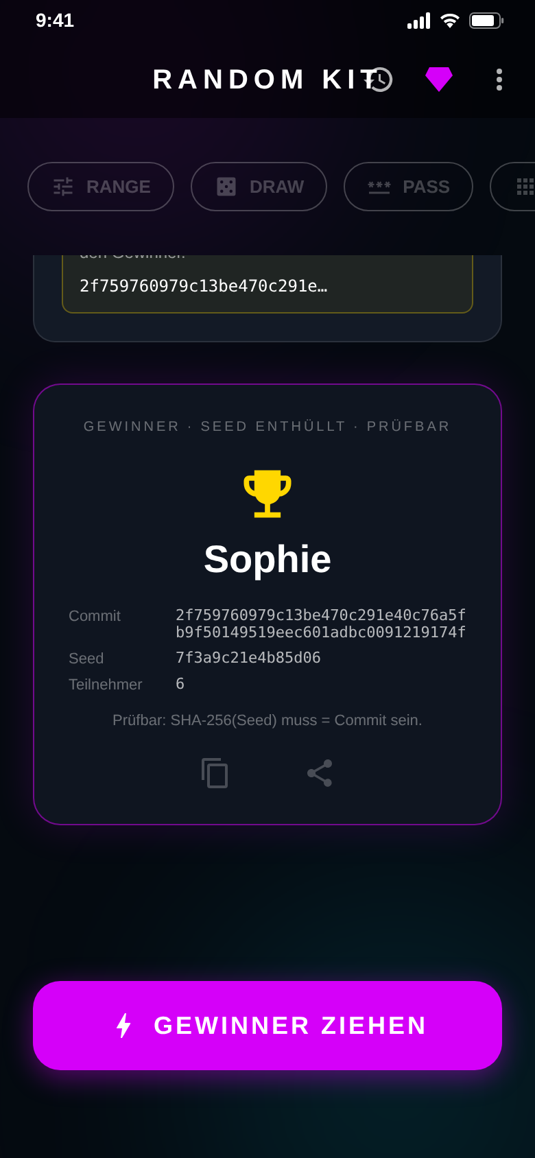 Raffle result with winner Sophie, commit hash, revealed seed and six participants