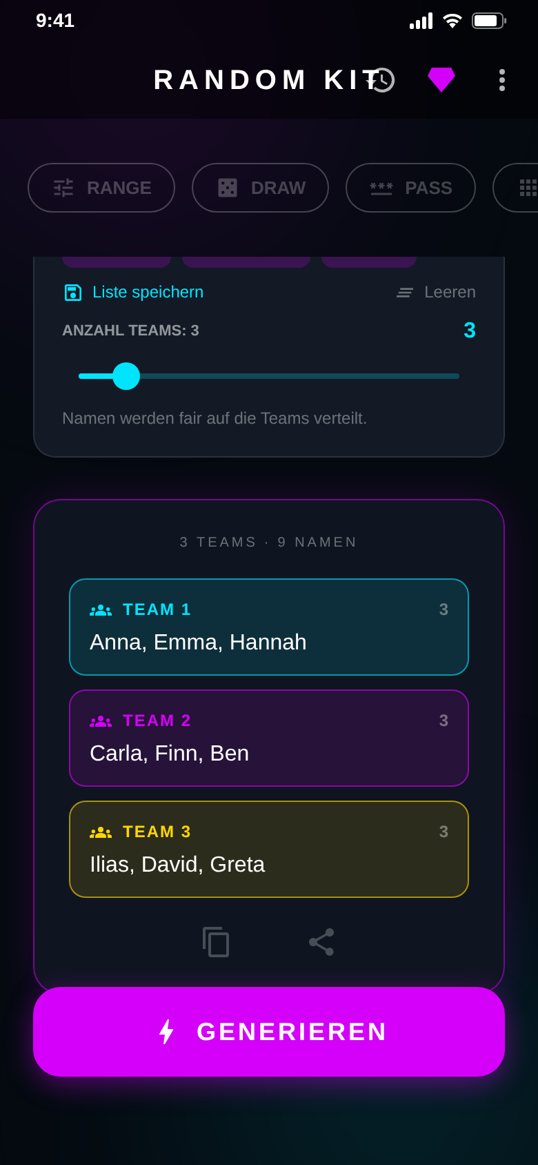 Nine names split into three teams of three with a team count slider