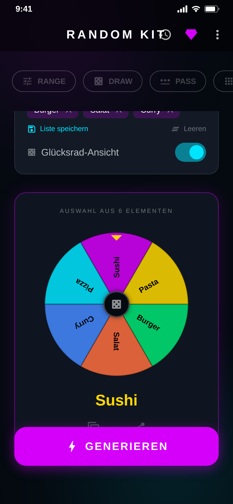 Decision wheel with six food options, Sushi picked as the result